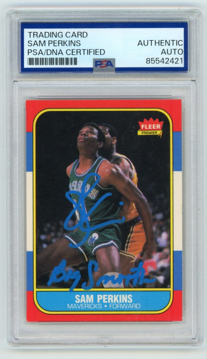 Sam Perkins Signed 1986-87 Fleer Rookie Card #86 w/ "Big Smooth" PSA