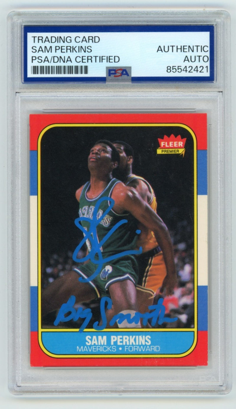 Sam Perkins Signed 1986-87 Fleer Rookie Card #86 w/ "Big Smooth" PSA