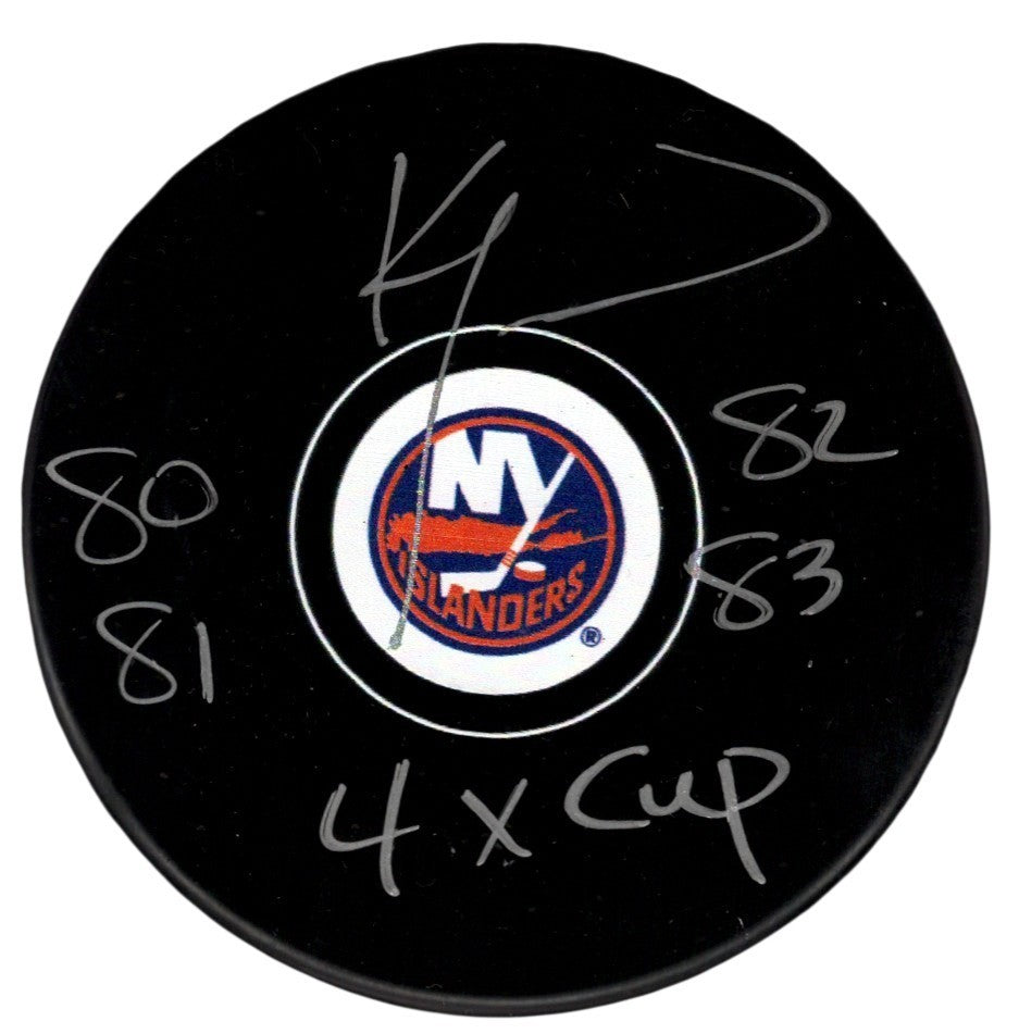 Ken Morrow Signed New York Islanders Puck w/ 4x Cup Inscriptions BAS