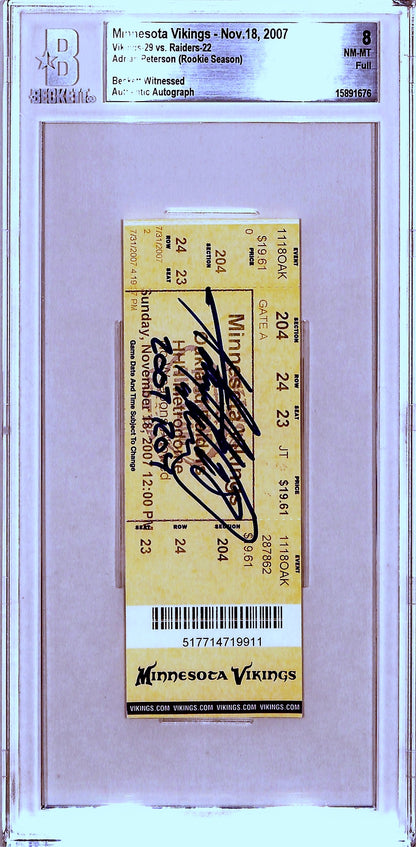 Adrian Peterson Signed Minnesota Vikings Ticket Stub Slabbed BAS 2007 ROY