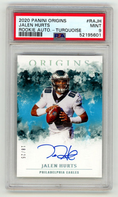 Jalen Hurts 2020 Panini Origins Turquoise Signed Rookie Card #18/25 PSA 9