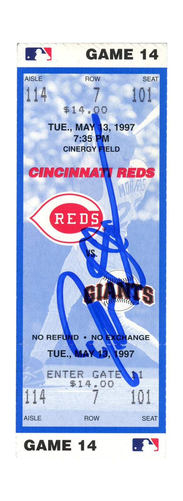 Deion Sanders Signed Cincinnati Reds Ticket Stub 5/13/1997 vs Giants BAS