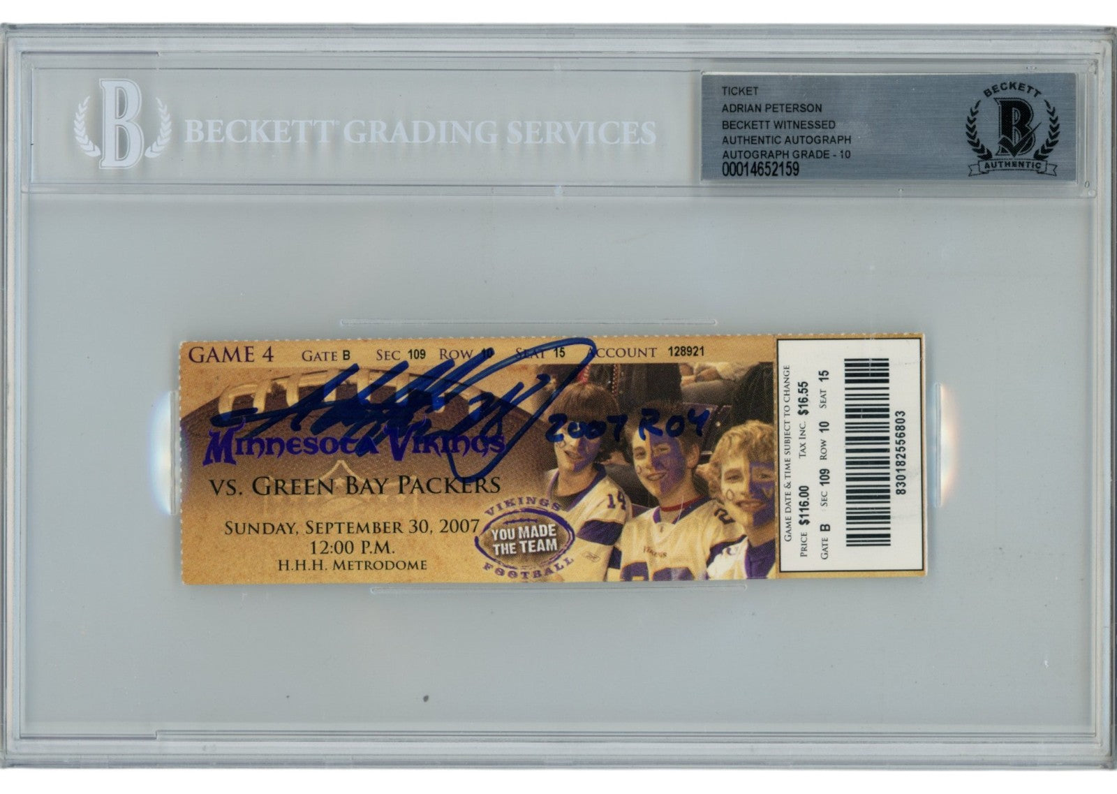 Adrian Peterson Autographed Minnesota Vikings 2007 ROY Inscribed Slabb ...