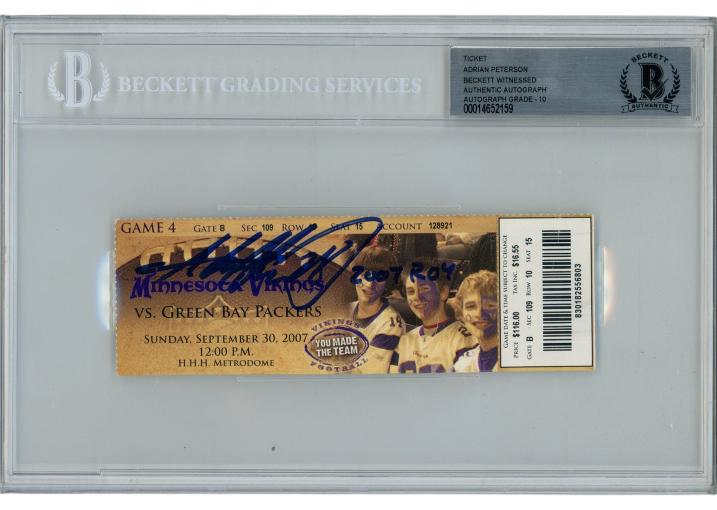 Adrian Peterson Autographed Minnesota Vikings 2007 ROY Inscribed Slabbed Ticket