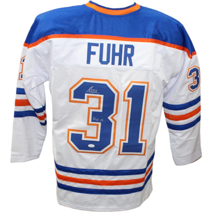 Grant Fuhr Signed Pro Style Jersey with "HOF" Inscription JSA