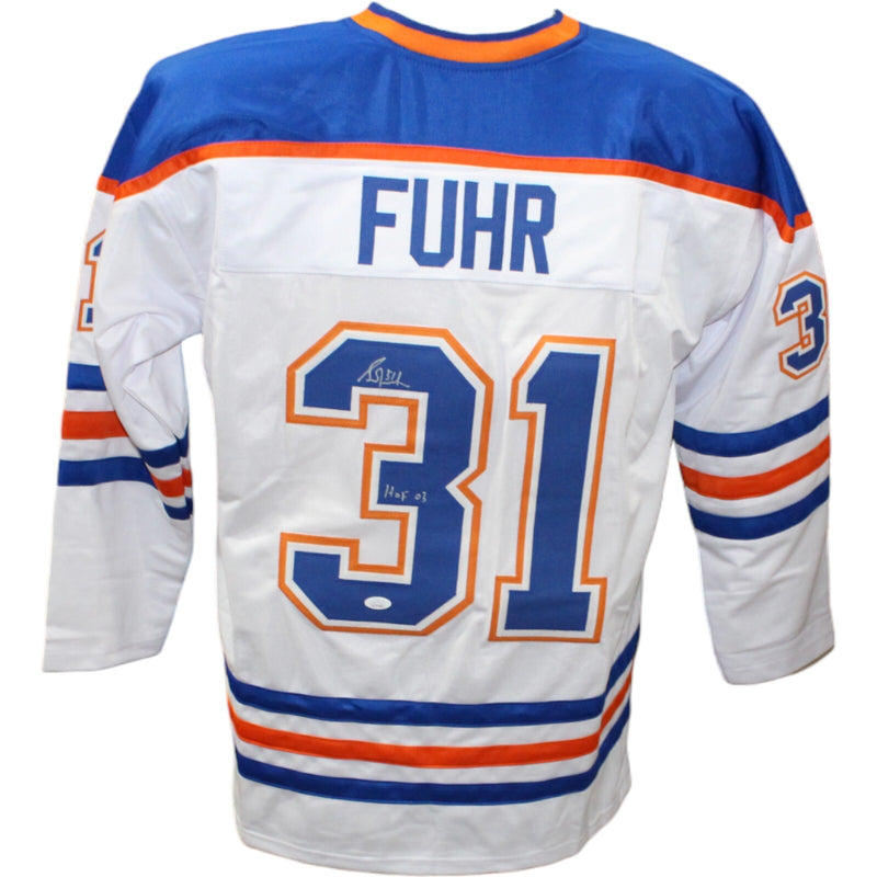 Grant Fuhr Signed Pro Style Jersey with "HOF" Inscription JSA