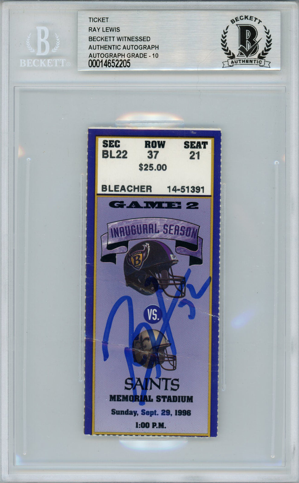 Ray Lewis Autographed 1996 Baltimore Ravens vs Saints Ticket Beckett Slabbed
