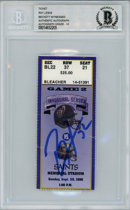 Ray Lewis Autographed 1996 Baltimore Ravens vs Saints Ticket Beckett Slabbed