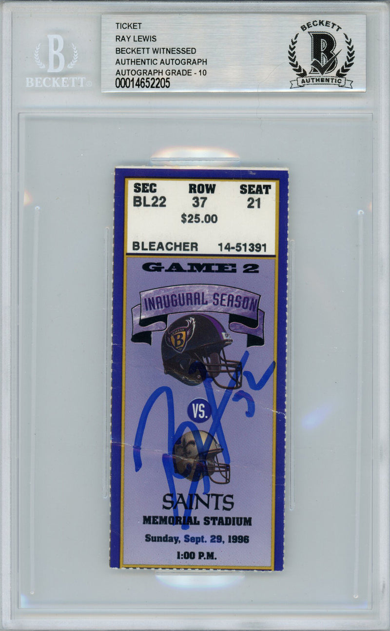Ray Lewis Autographed 1996 Baltimore Ravens vs Saints Ticket Beckett Slabbed