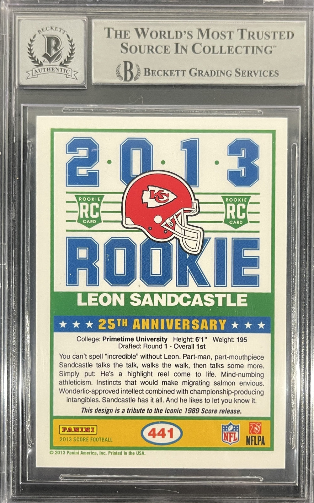 Deion Sanders Signed 2013 Score #441 Leon Sandcastle Card (BAS Grade 10)