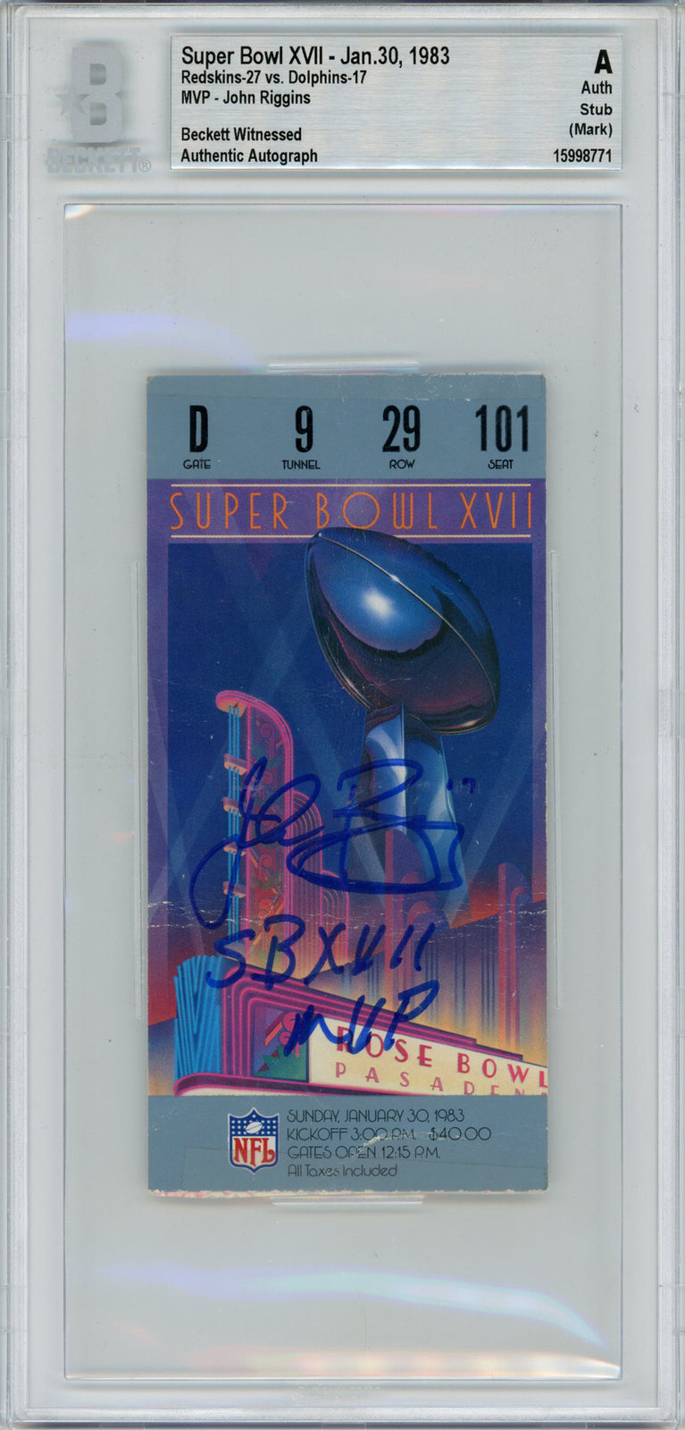 John Riggins Signed Super Bowl XVII Ticket Stub SB XVII MVP BAS Slabbed