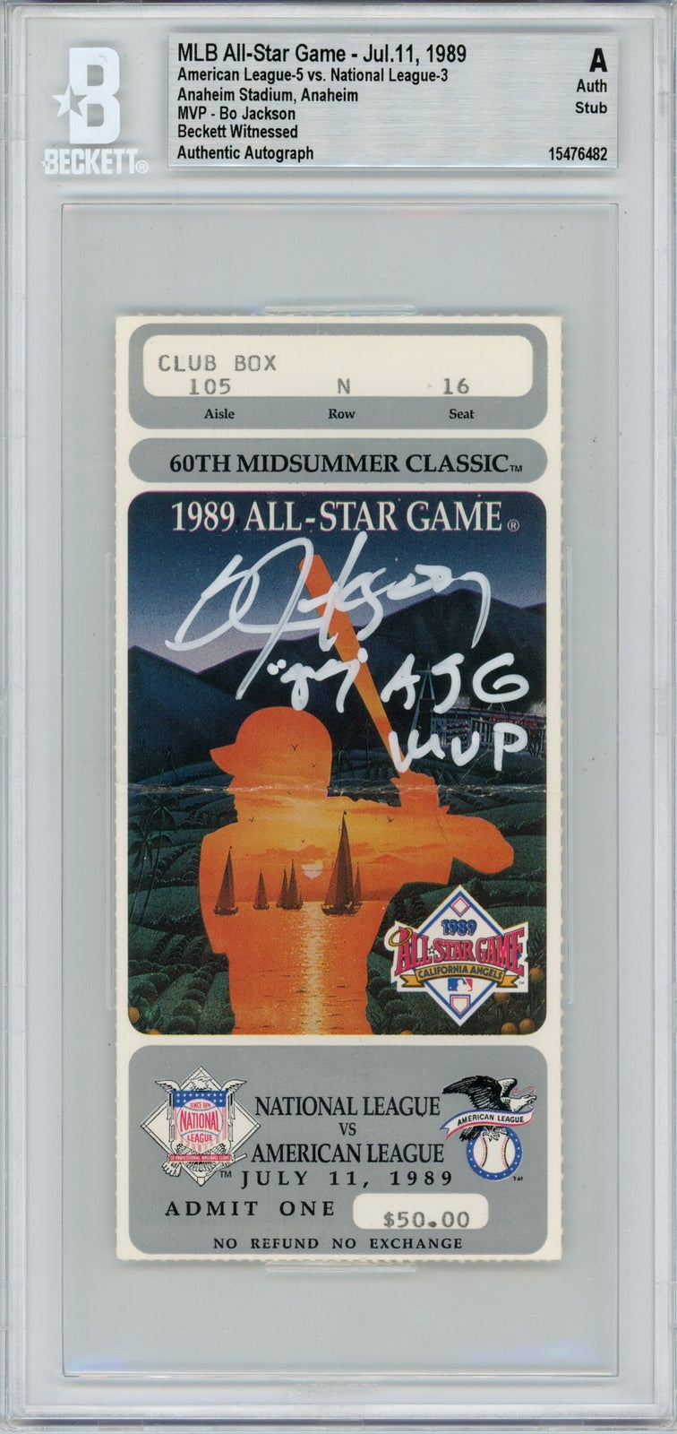 Bo Jackson Signed Kansas City Royals 1989 All Star Game Ticket Stub
