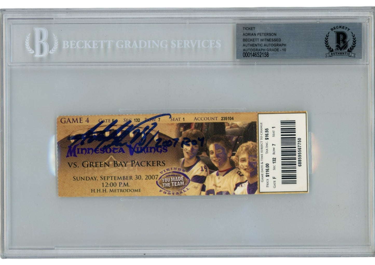 Adrian Peterson Autographed Minnesota Vikings Slabbed Ticket Stub "07 ROY"
