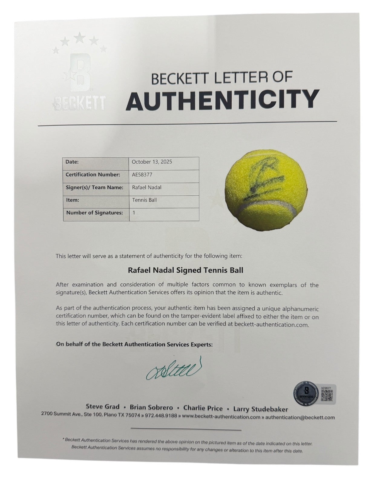 Rafael Nadal Autographed Penn Tennis Ball (Beckett COA)