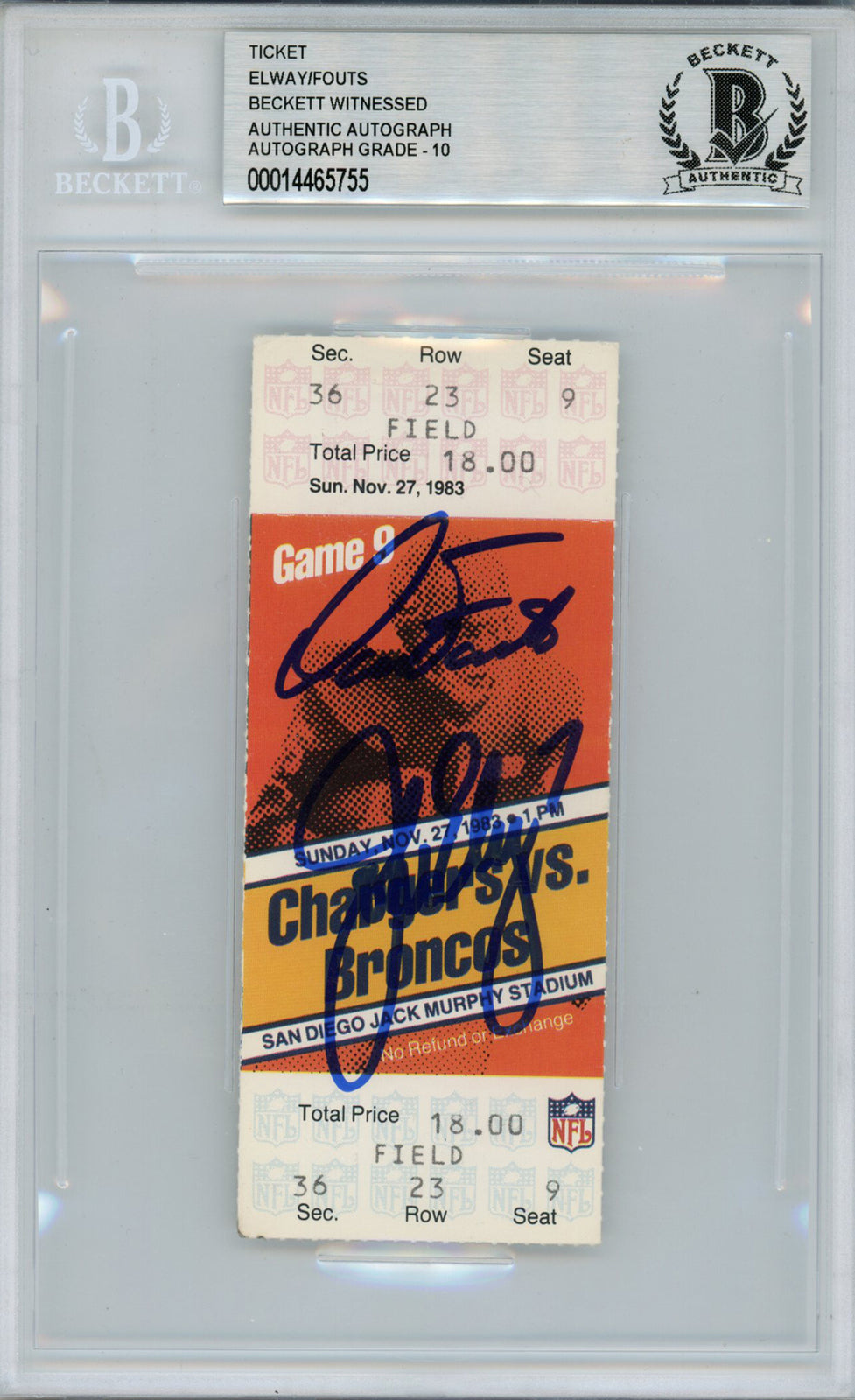 John Elway & Dan Fouts Autographed 1983 Game Ticket Stub Beckett Slabbed