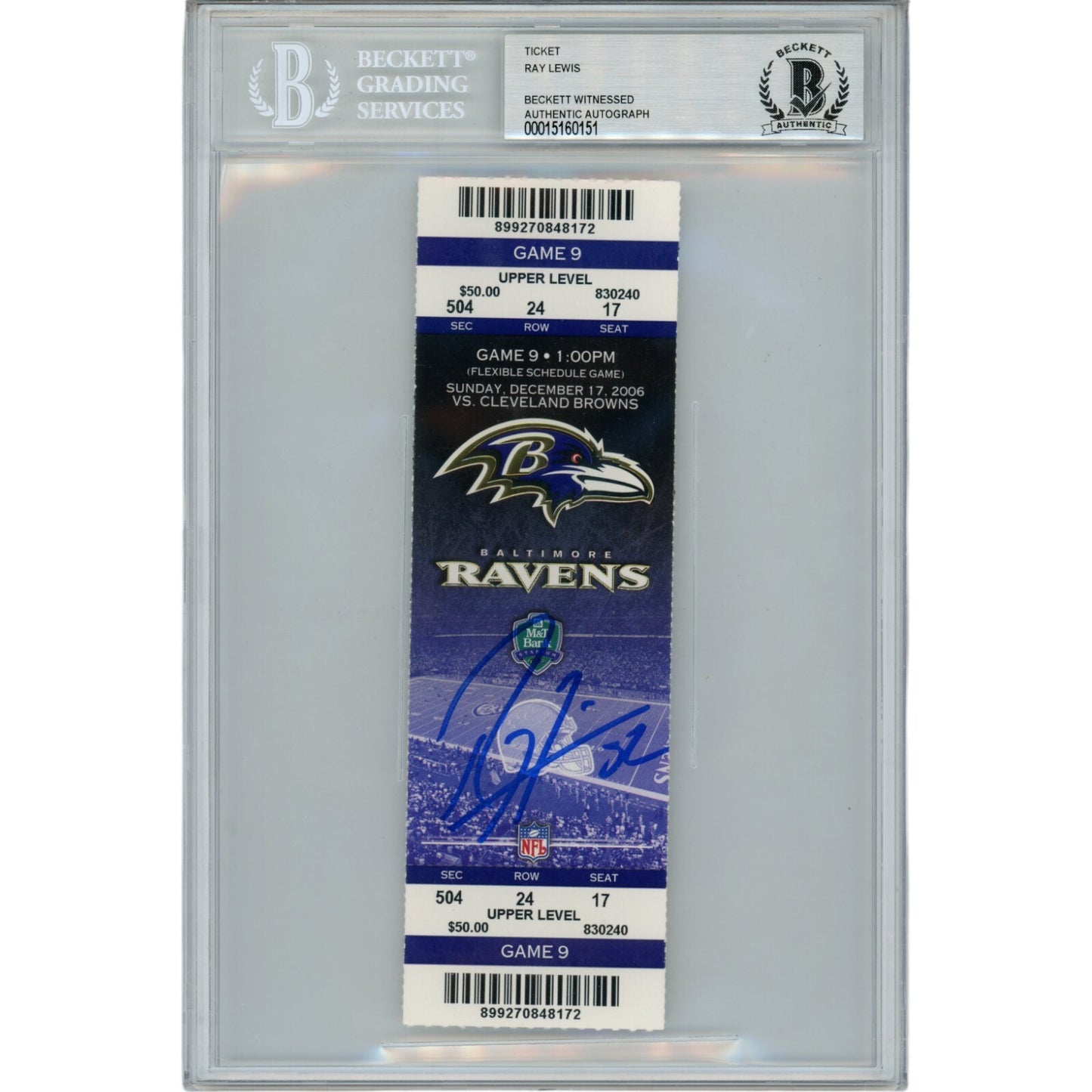Ray Lewis Autographed Baltimore Ravens Slabbed Full Ticket Stub (12/17/06)