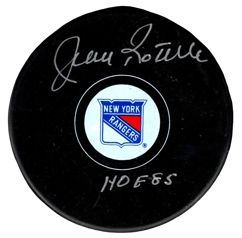 Jean Ratelle Signed New York Rangers Puck (HOF 85 Inscription)