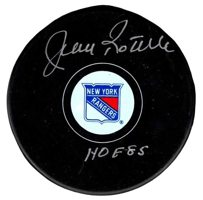 Jean Ratelle Signed New York Rangers Puck (HOF 85 Inscription)