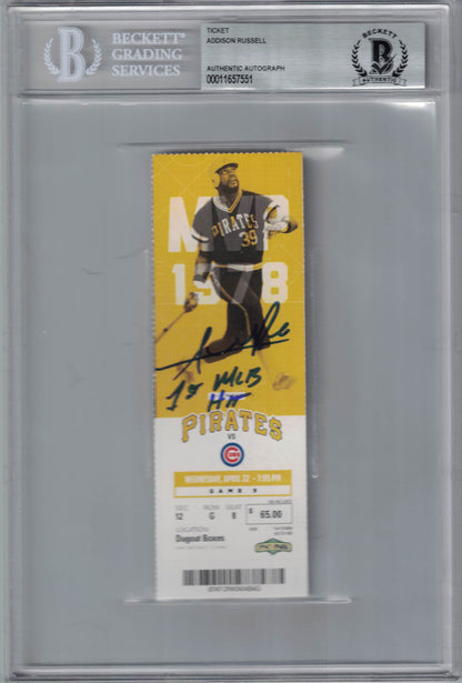 Addison Russell Autographed Chicago Cubs Ticket 1st MLB Hit BAS Slabbed