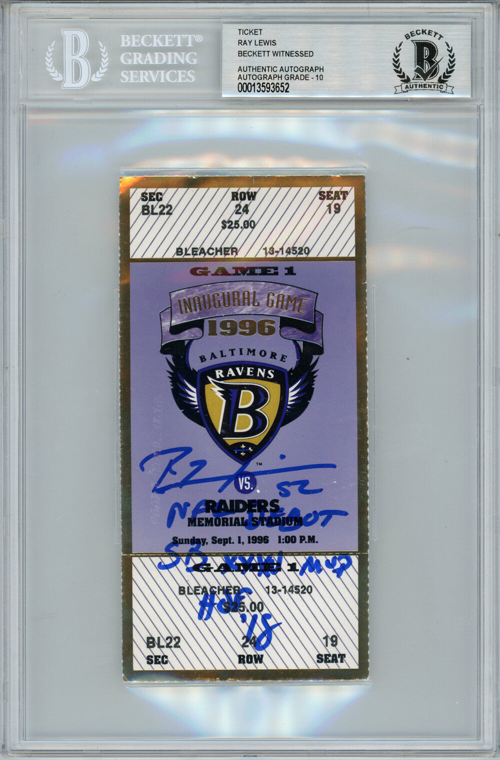 Ray Lewis Signed Baltimore Ravens NFL Debut Ticket Stub BAS 10 Slab