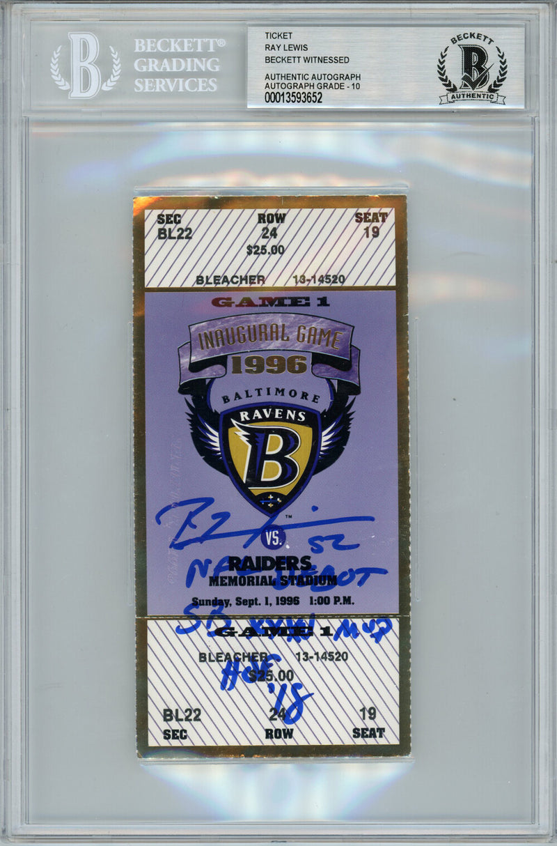 Ray Lewis Signed Baltimore Ravens NFL Debut Ticket Stub BAS 10 Slab