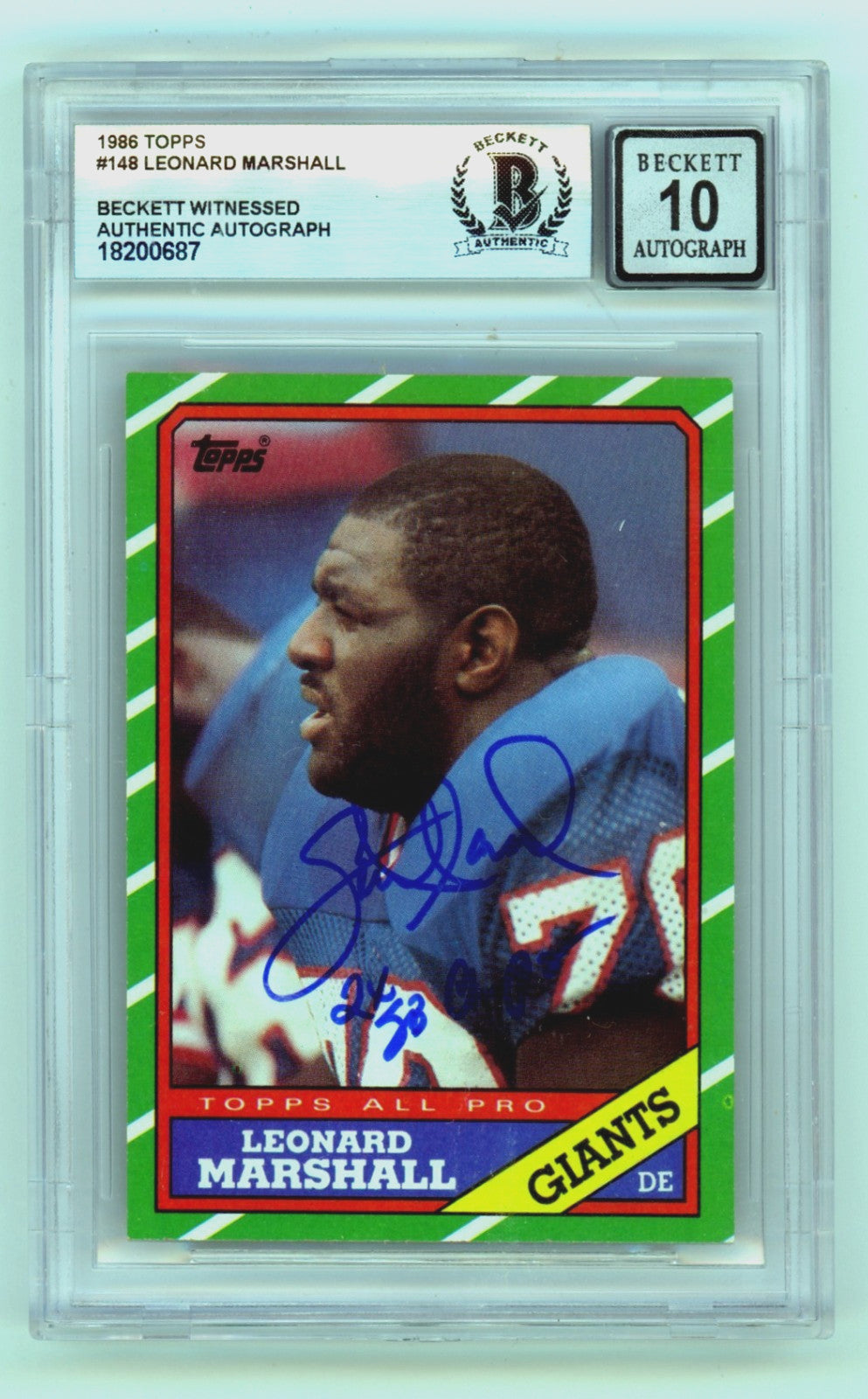 Leonard Marshall Signed 1986 Topps Rookie Card BGS 10 Auto 2x SB Champ