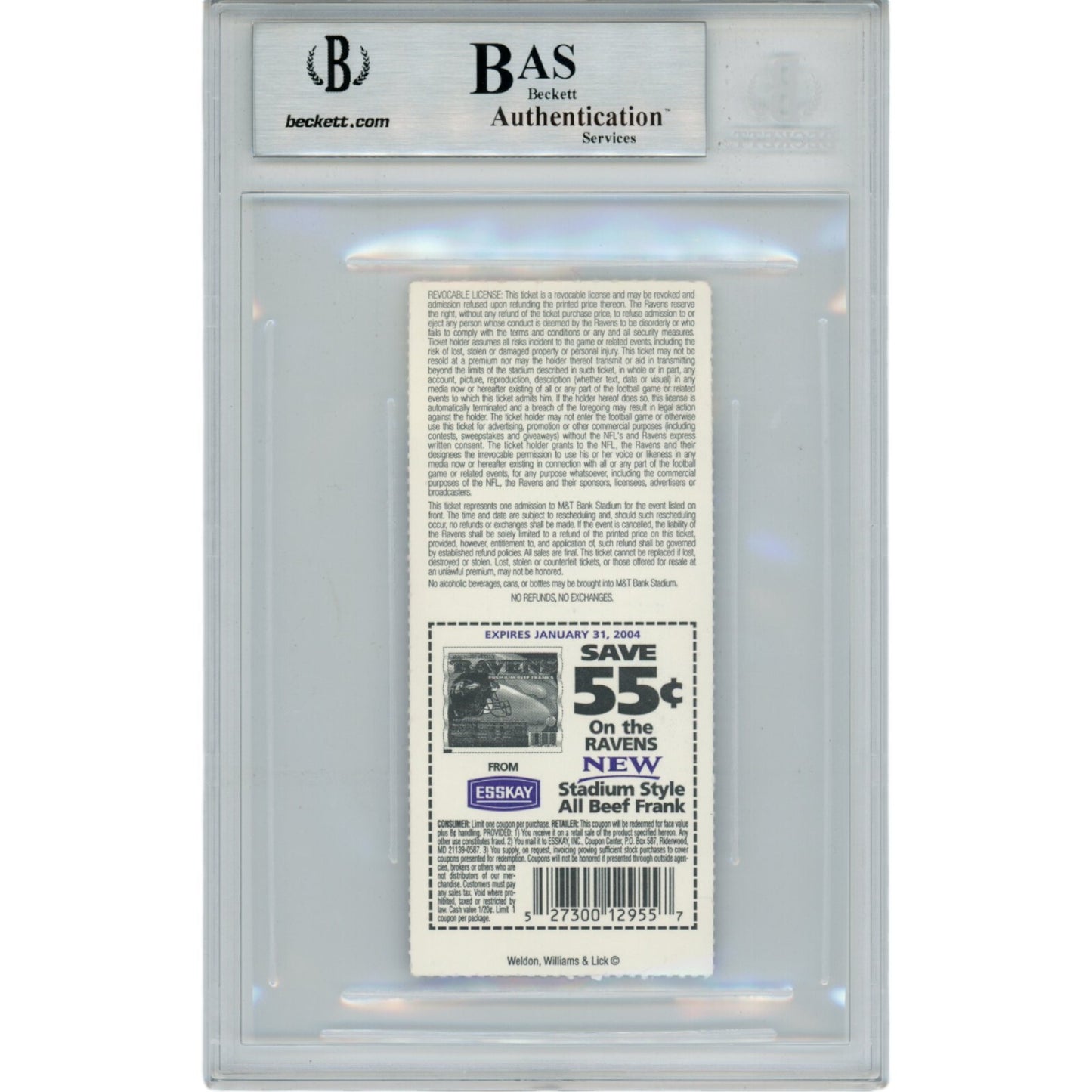 Ray Lewis Signed Baltimore Ravens 11/30/03 Ticket Stub Beckett Slabbed