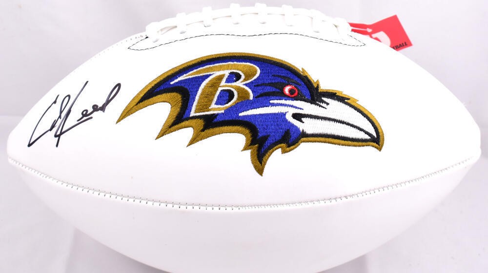 Ed Reed Signed Baltimore Ravens Logo Football - Black