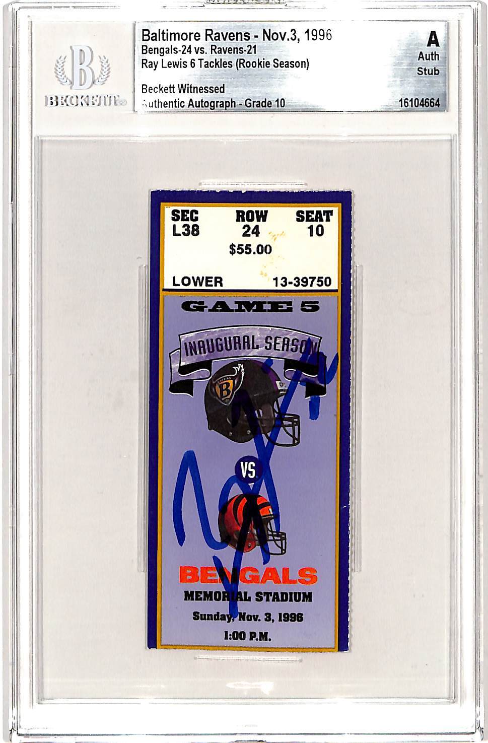 Ray Lewis Signed Baltimore Ravens 11/03/96 Ticket Stub Beckett Slabbed