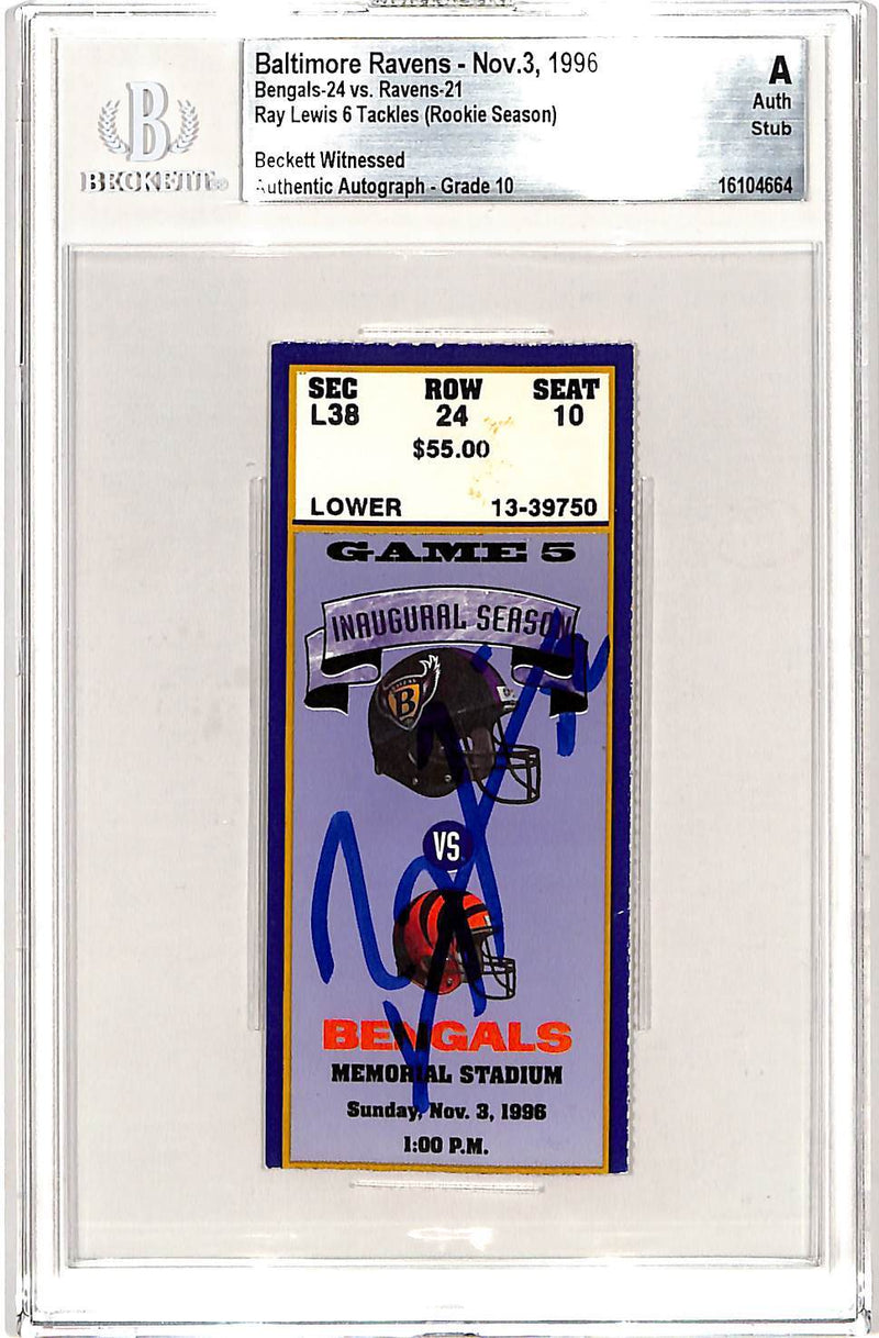 Ray Lewis Signed Baltimore Ravens 11/03/96 Ticket Stub Beckett Slabbed