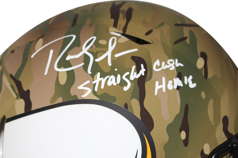 Randy Moss Signed Vikings Authentic Camo Speed Helmet "Straight Cash" BAS