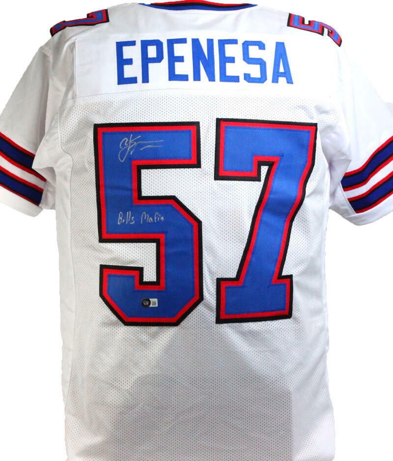 AJ Epenesa Autographed Buffalo Bills White Custom Jersey - "Bills Mafia"