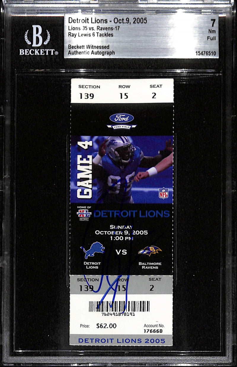 Ray Lewis Signed Baltimore Ravens Slabbed Ticket Stub Beckett Grade 7
