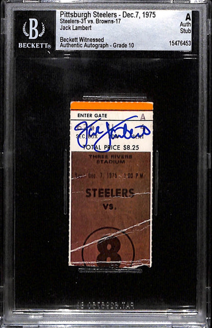 Jack Lambert Signed Pittsburgh Steelers Ticket Stub 12/7/75 Beckett Slab