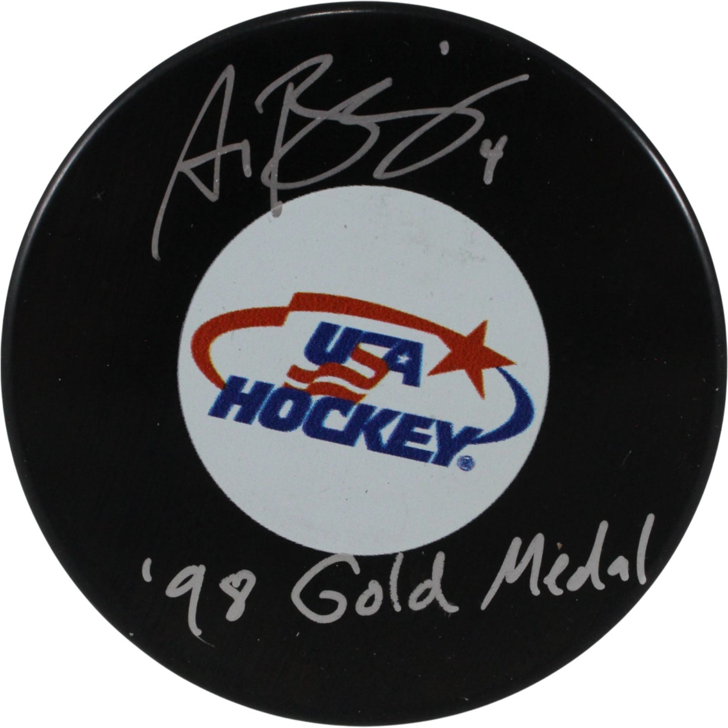 Angela Ruggiero Signed USA Logo Hockey Puck (98 Gold Medal Inscription)
