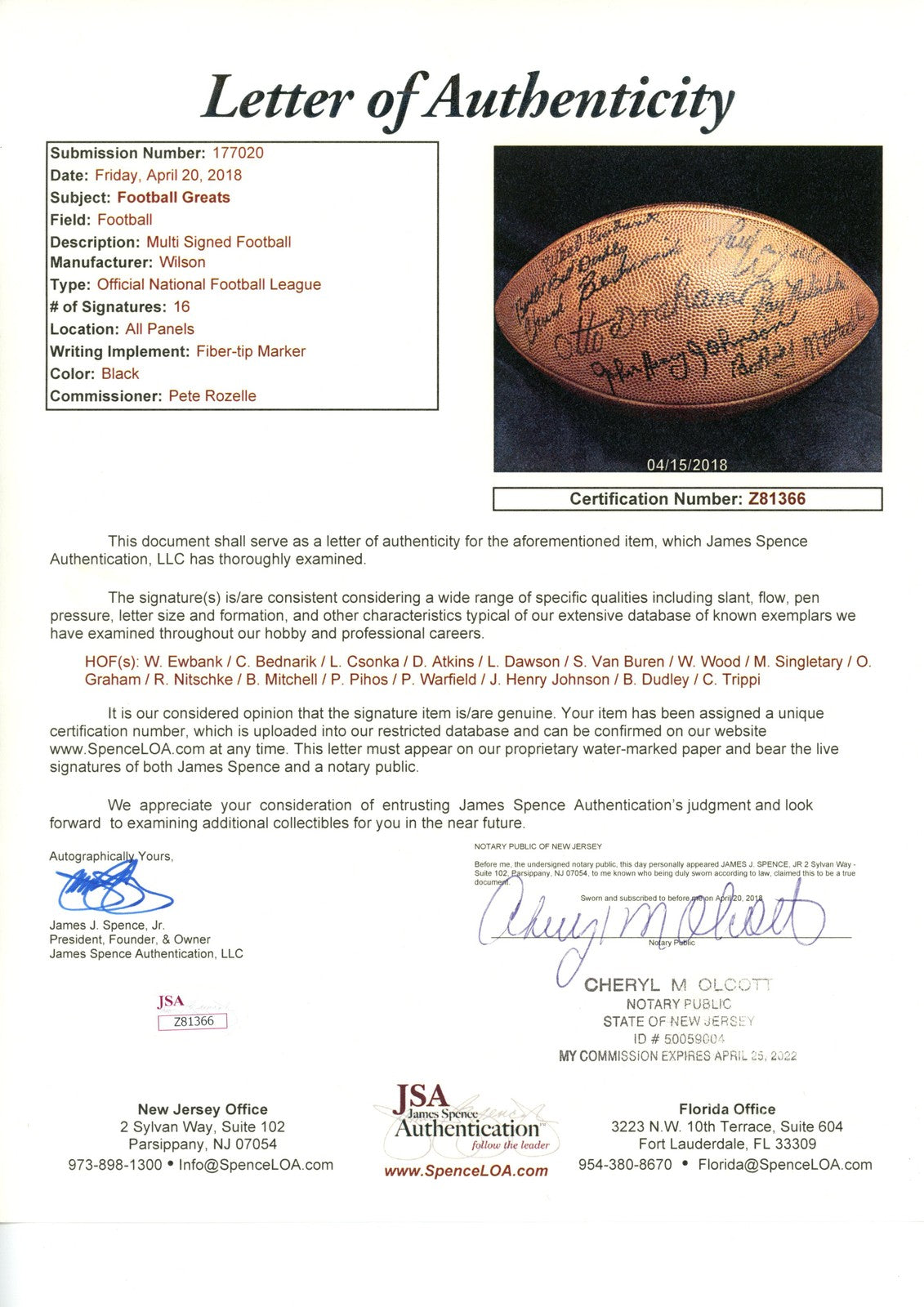 Dawson, Csonka & Van Buren Multi-Signed Wilson Rozelle NFL Football