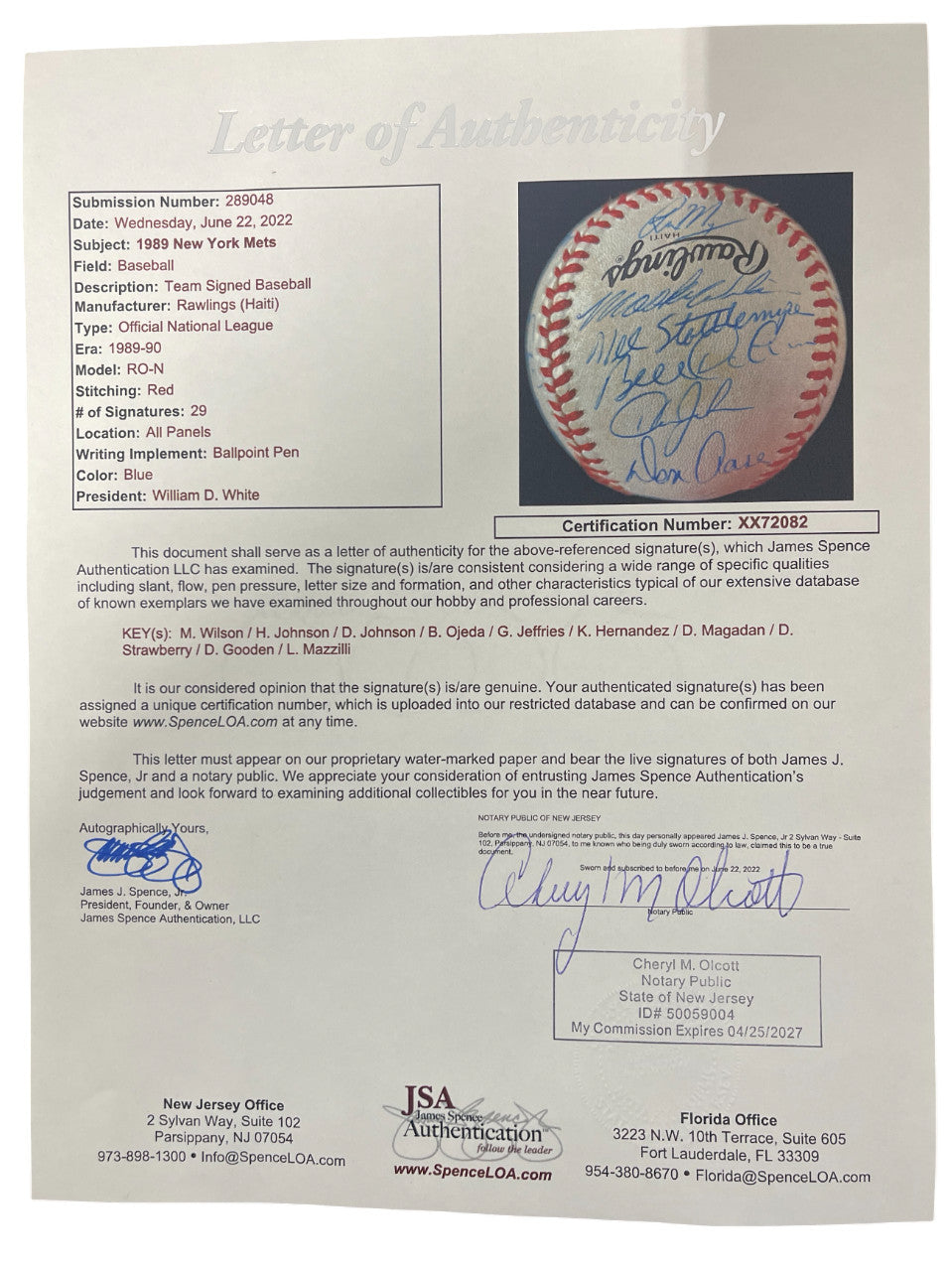 1989 New York Mets Team Signed Official National League Baseball JSA LOA
