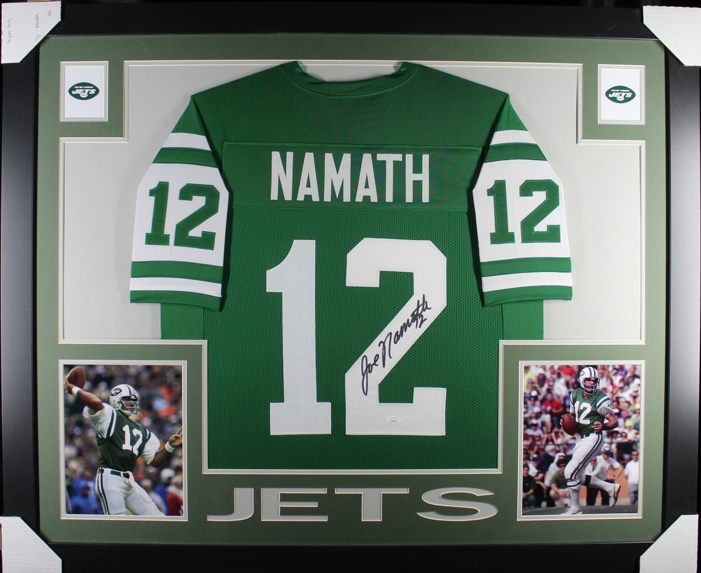 Joe Namath Autographed Pro Style Green Framed Jersey (JSA COA)