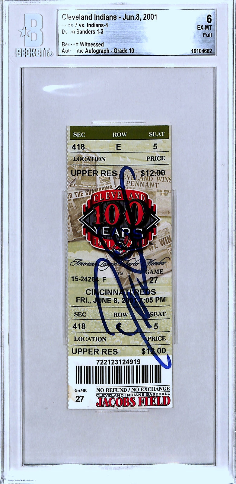 Deion Sanders Signed Cincinnati Reds Last MLB Hit Ticket Stub BAS Slabbed