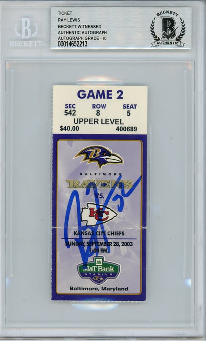 Ray Lewis Signed Baltimore Ravens Ticket 09/28/03 vs Chiefs BAS Slab