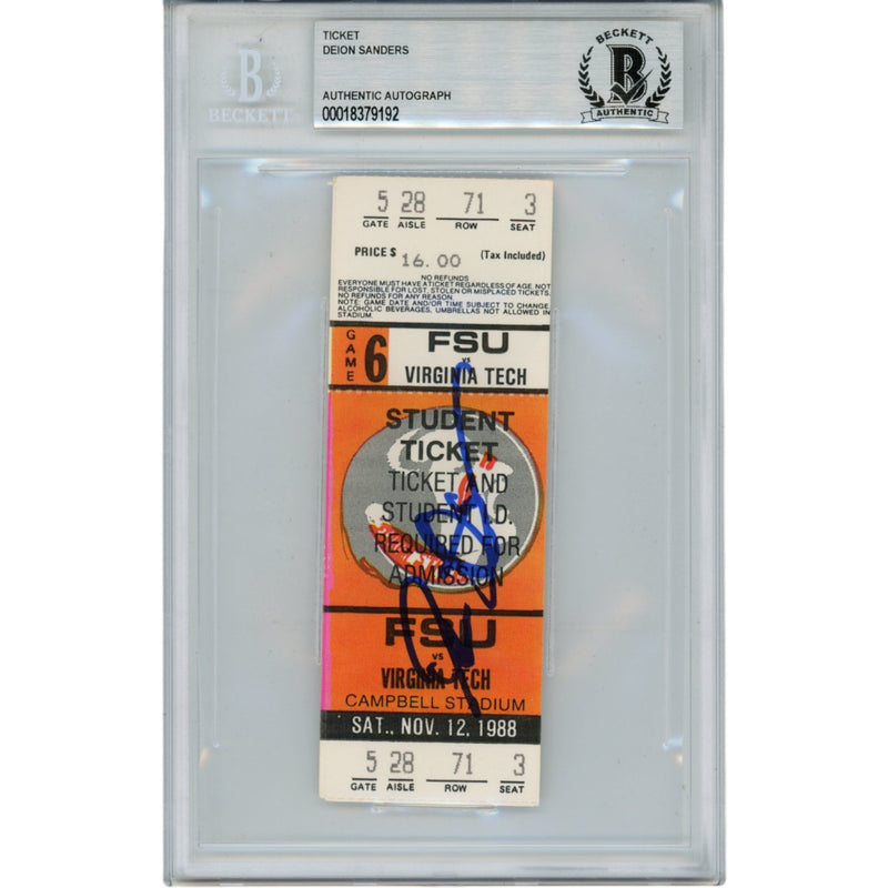 Deion Sanders Autographed Florida State Seminoles 1988 Ticket Stub (BAS)