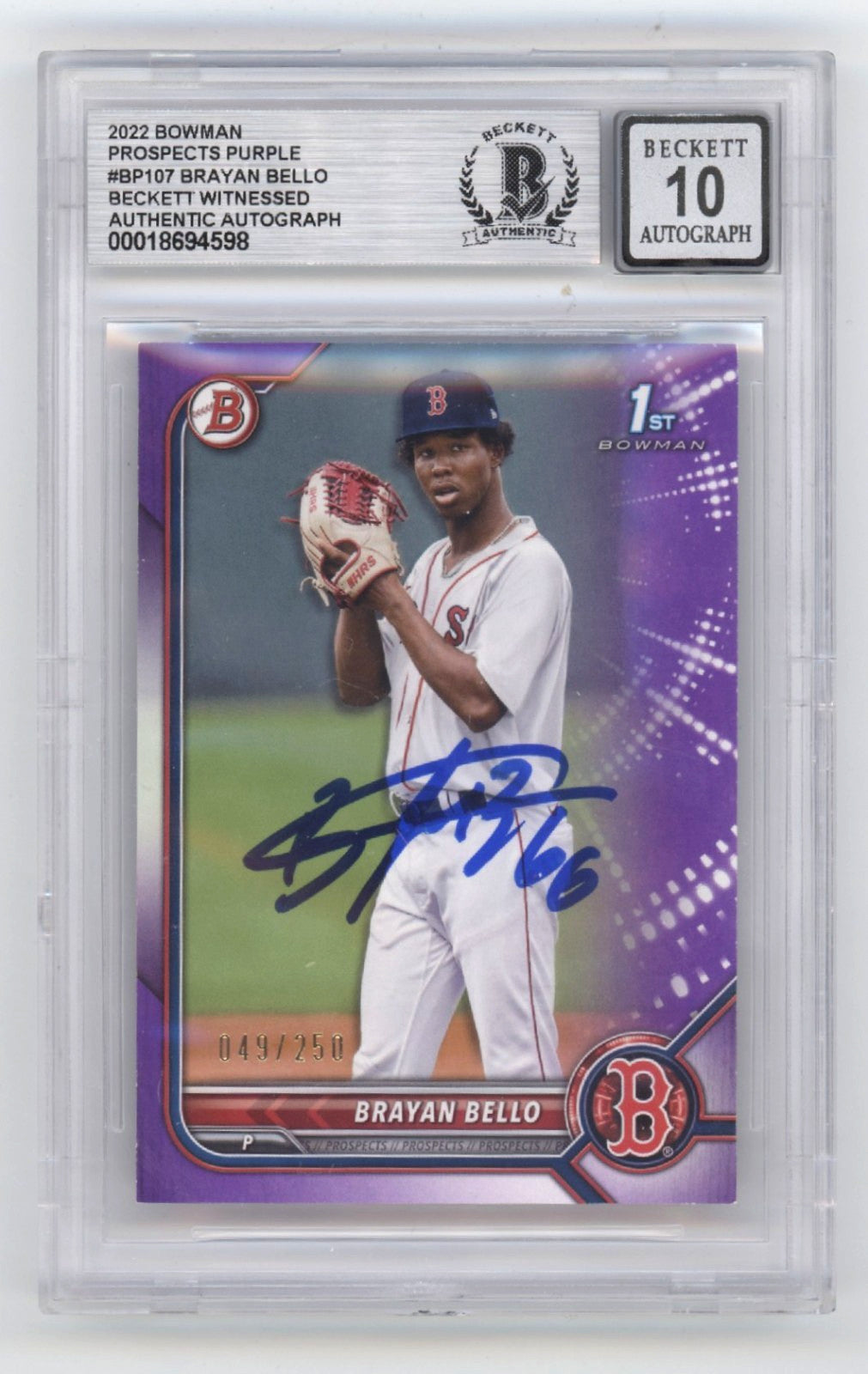Brayan Bello 2022 Bowman 1st Purple /250 Autographed Rookie Card BGS 10