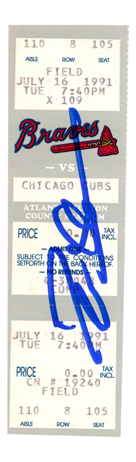 Deion Sanders Signed Atlanta Braves Full Ticket 7/16/1991 vs Cubs BAS