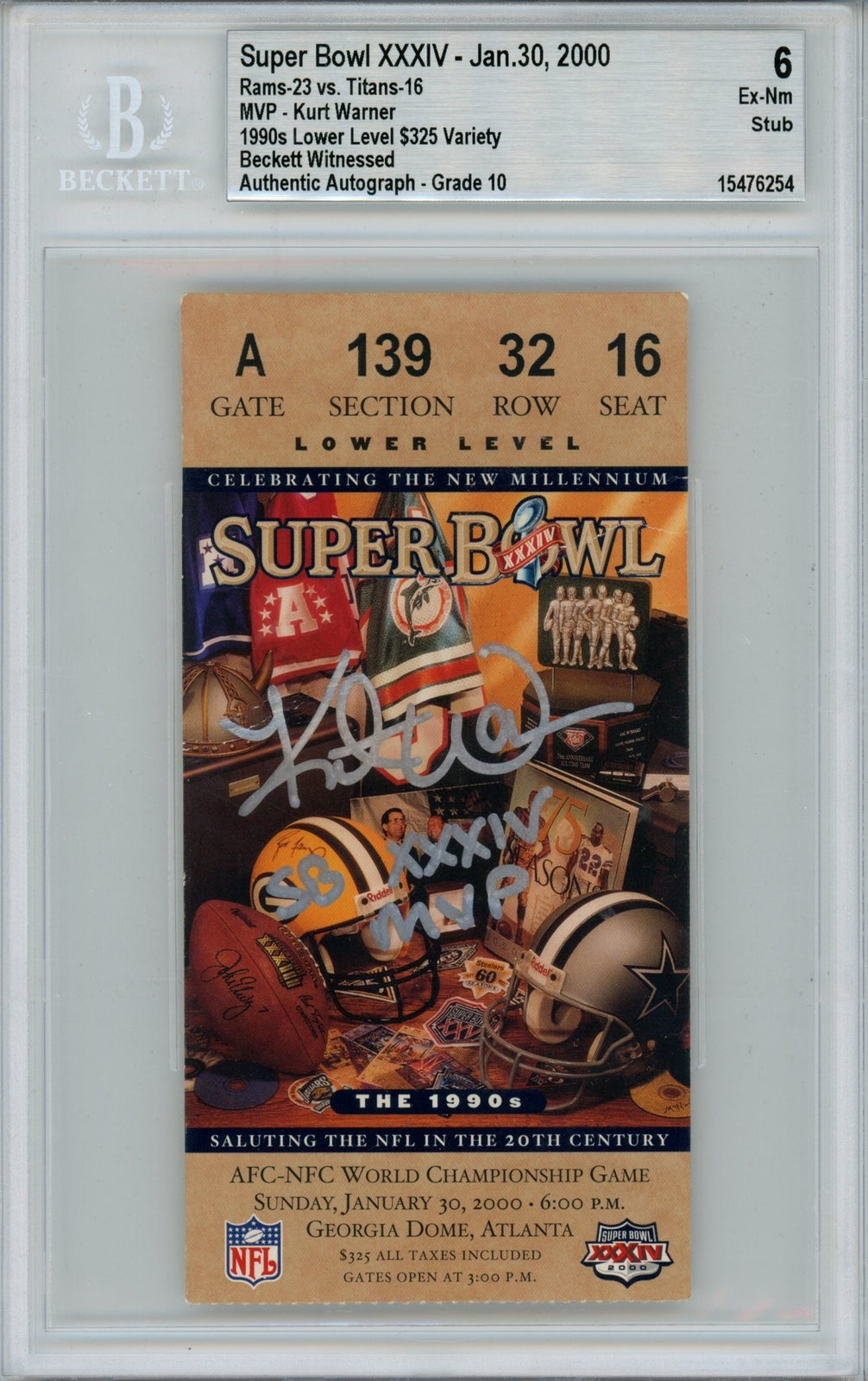 Kurt Warner Signed St. Louis Rams Super Bowl XXXIV Ticket Stub - Beckett 6