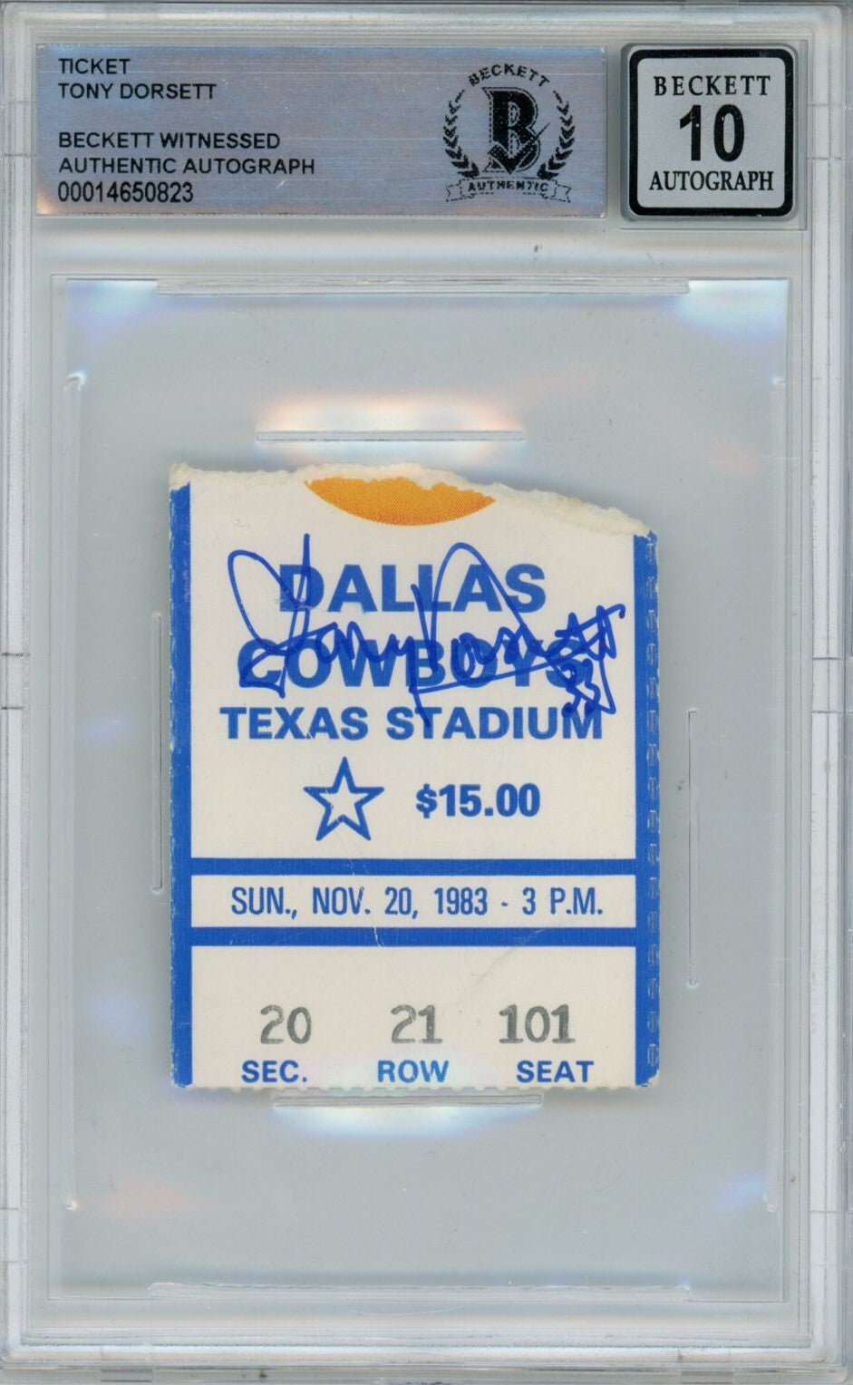 Tony Dorsett Signed Dallas Cowboys Ticket Stub (11/20/83 vs Chiefs) BAS Slab