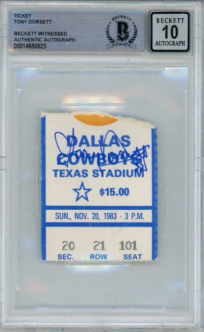 Tony Dorsett Signed Dallas Cowboys Ticket Stub (11/20/83 vs Chiefs) BAS Slab