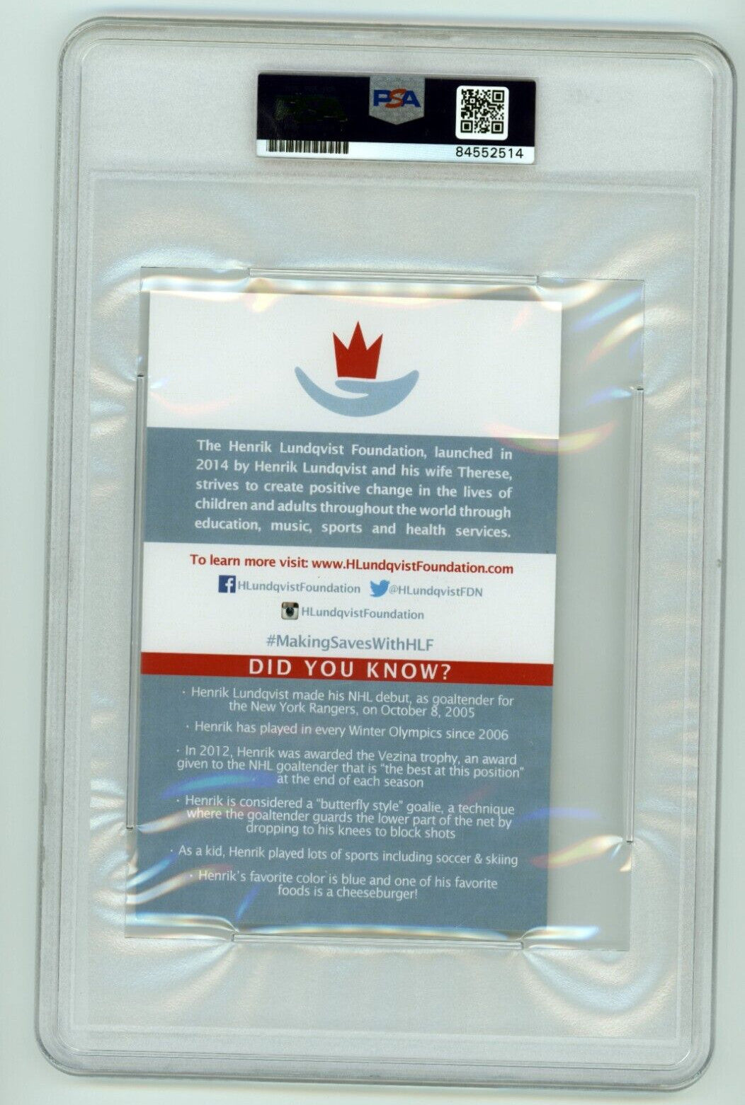 Henrik Lundqvist Signed New York Rangers Foundation Print (PSA/DNA)