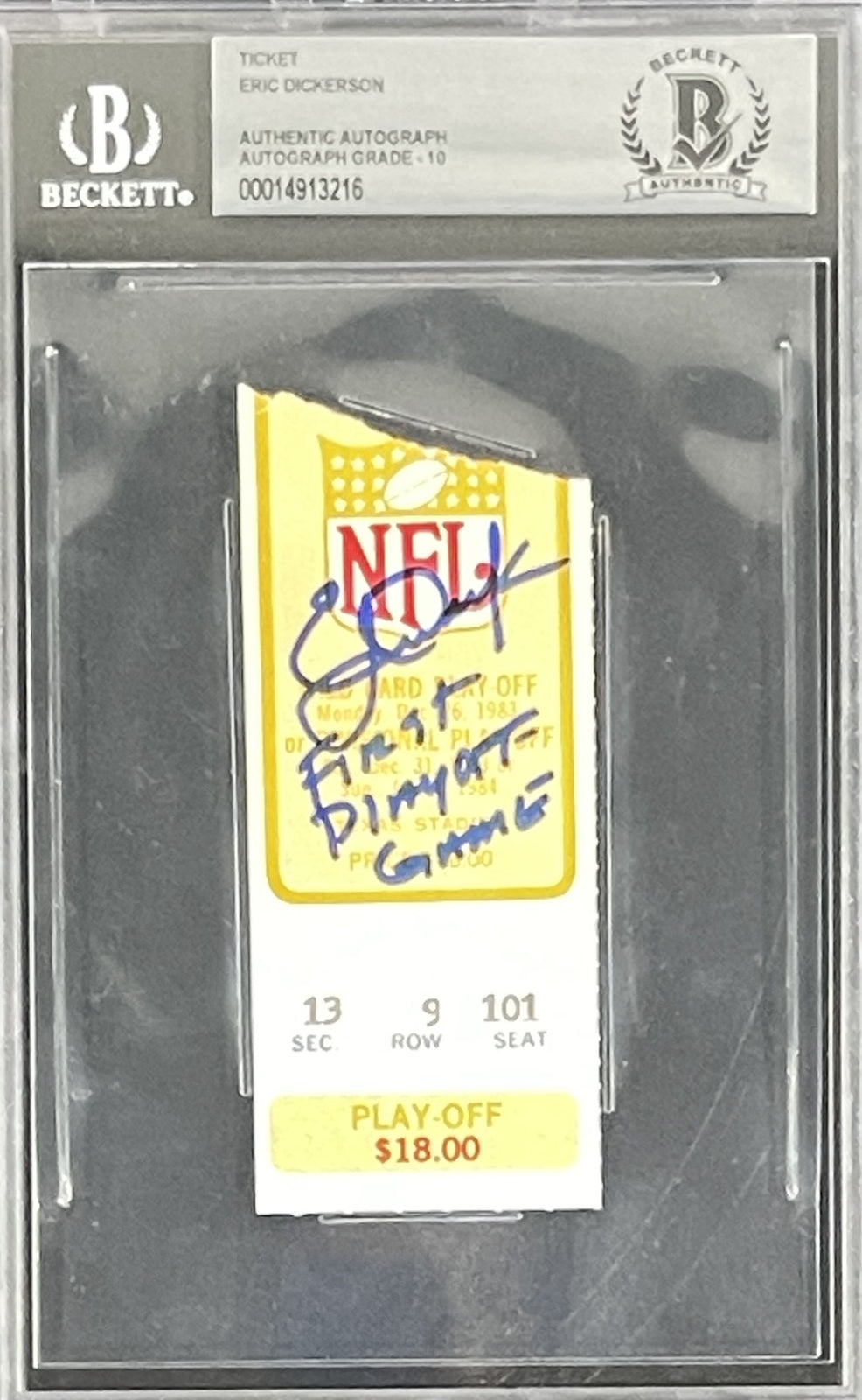 Eric Dickerson Signed Los Angeles Rams Ticket Stub Inscribed Slabbed BAS