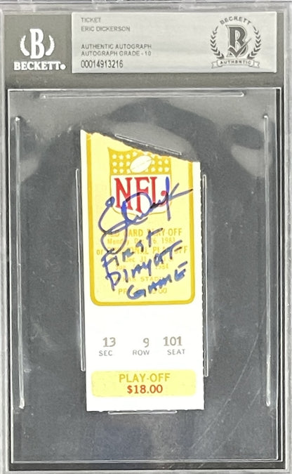 Eric Dickerson Signed Los Angeles Rams Ticket Stub Inscribed Slabbed BAS