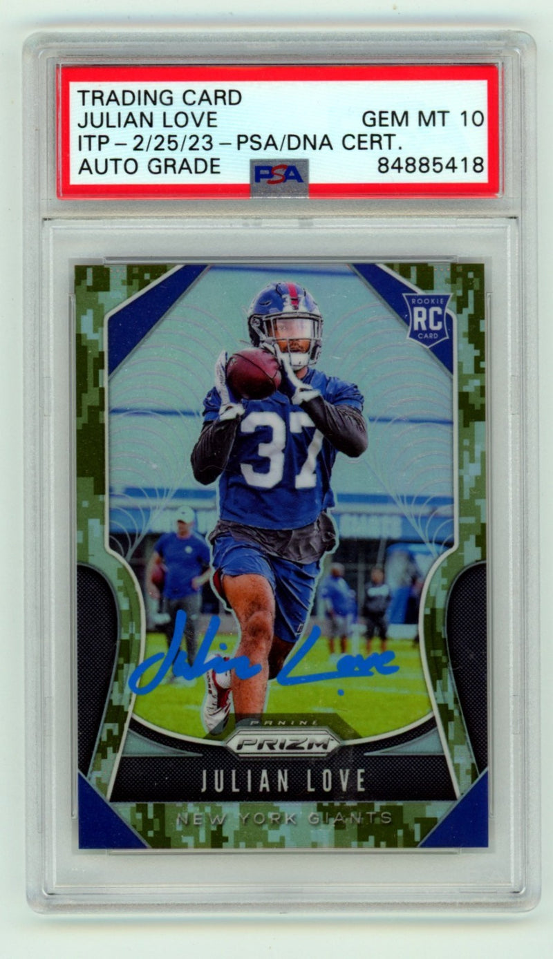 Julian Love Signed 2019 Panini Prizm Camo Prizm Rookie Card /25 PSA 10